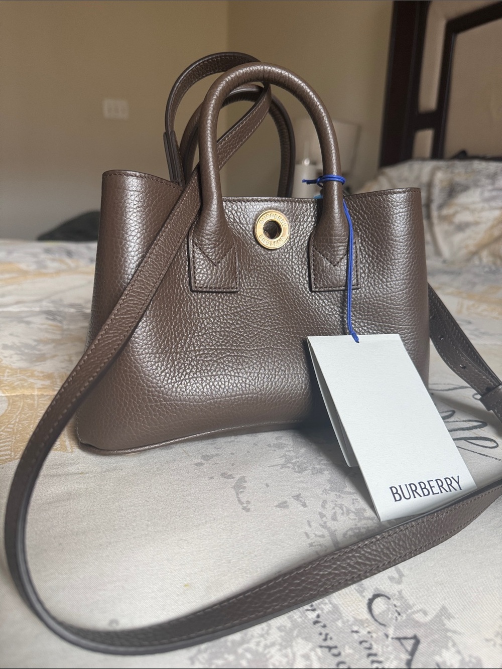 Burberry Brown Pebbled Leather Mini Tote with Gold-Tone Accent